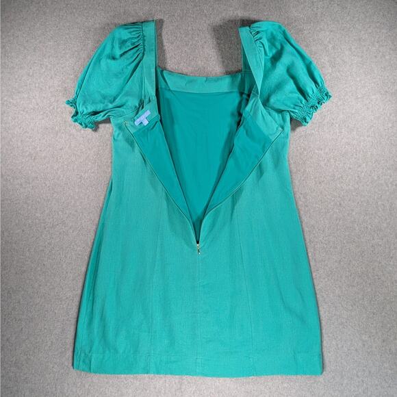 Draper James Linen Blend Puff Sleeve Mini Dress Teal Square Neck Size M - Picture 9 of 16